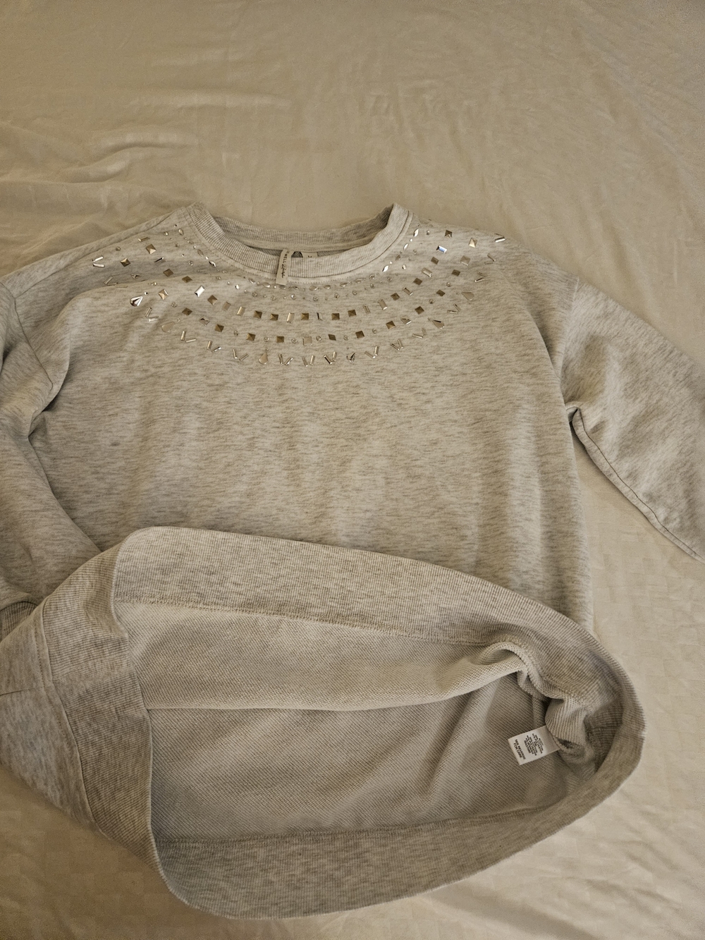 Womans Grey Sweat Shirt With Rhinestones, 3/4 Sleeve